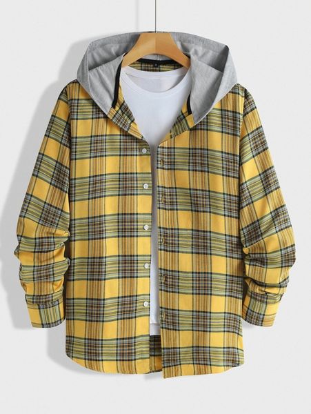 

men plaid contrast hooded shirt without tee a6cw#, White;black