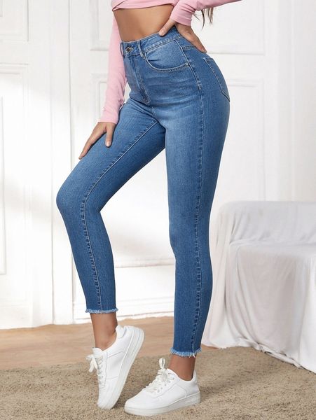 

high waist raw hem skinny cropped jeans a4gi#, Blue