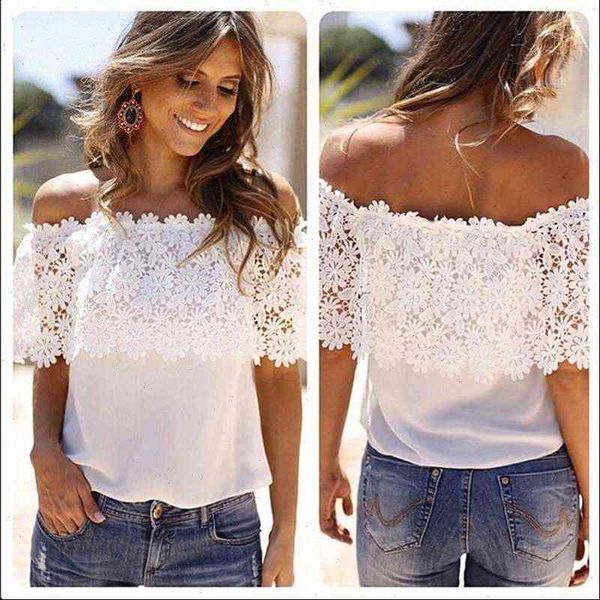 

fashion women blouses for summer lace blouse shirt female crochet off shoulder chiffon casual ladies stretch, White
