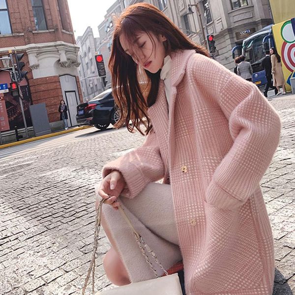 

women's wool & blends european trend of mink velvet coat women loose woolen mid-length, Black