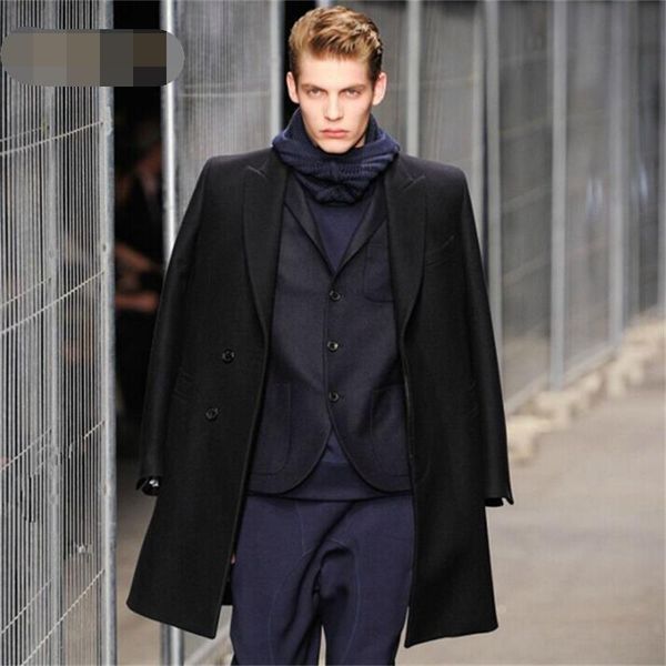 

men's wool & blends woolen coat autumn and winter youth solid color two-button slim mid-length windbreaker jacket, Black