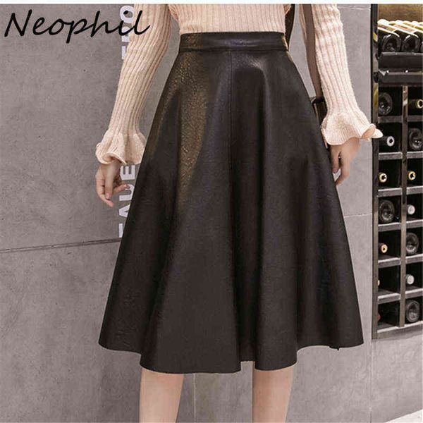 Neophil inverno mulheres pu faux couro midi saia preto cintura alta vintage quente espessa flare skater saia xxl femme jupe s9110 211120