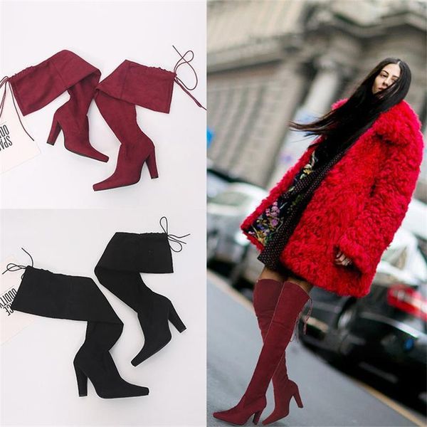 

boots autumn and winter plus size women's 35-43 high over the knee stretch long pointed thick heel heels, Black