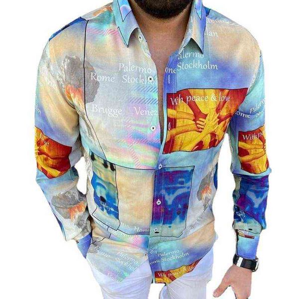 

2021 lapel 3d printing casual slim long sleeve shirt multi color, White;black