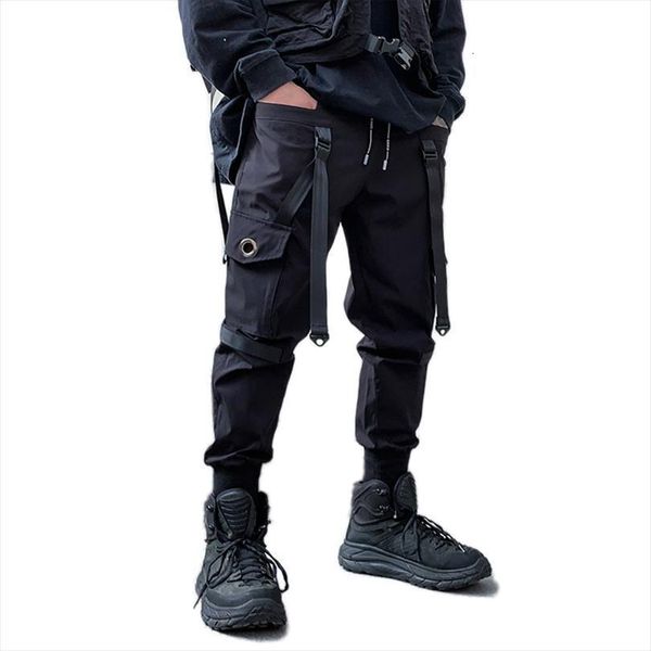 

multi pockets pencil hip women pant hop ribbons cargo ripped sweatpants joggers trousers male fashion punk full length, Black