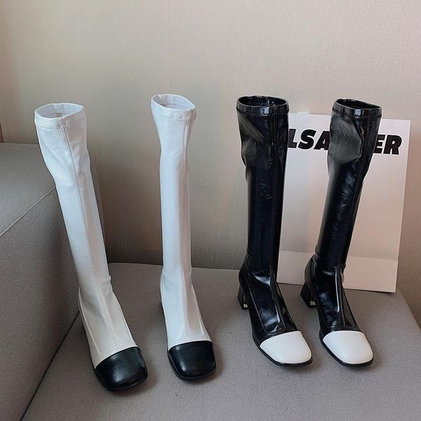 

boots fashion women over the knee mixed color thick mid heels round toe slip on elastic party sock woman, Black