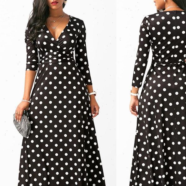 

skirts 2021 new brand women v neck long casual polka dot zippers ladies long sleeve party maxi skirts, Black