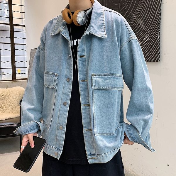 

men's jackets japanese denim spring autumn loose handsome big pocket jean for male solid color minimalist men hagf, Black;brown