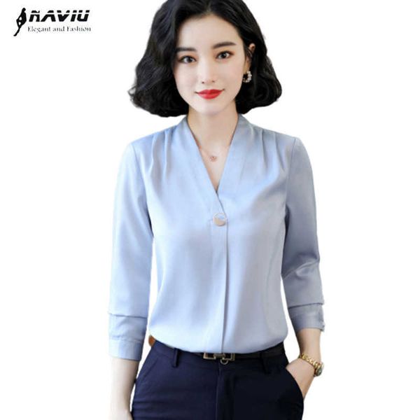 Naviu прибывает весенние вершины для женщин элегантные блузки сексуальные V шеи рубашка высокого качества формальный офис 210604