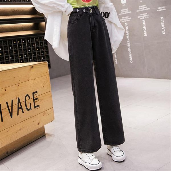 

5xl autumn loose korean style womens jean high waist student straight pants wide leg, Blue
