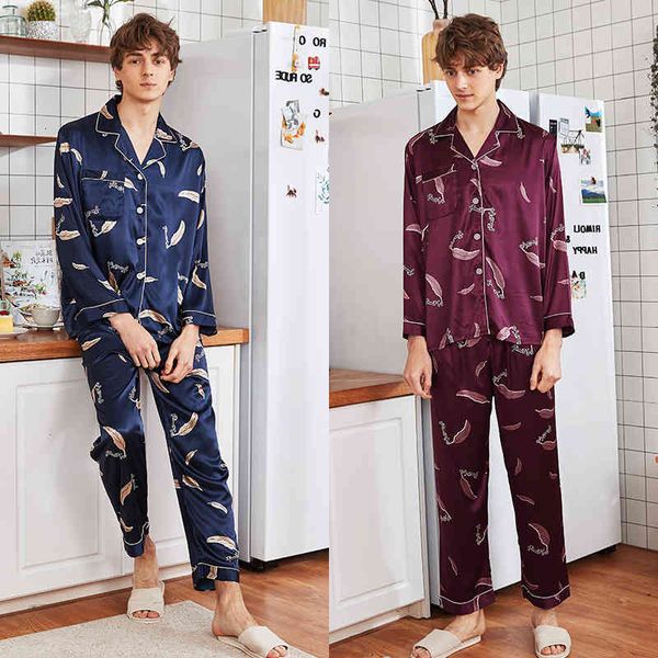 

men's printing pajama set silk sleepwear men modern style soft cozy satin nightgown summer spring home clothes suit, Black;brown