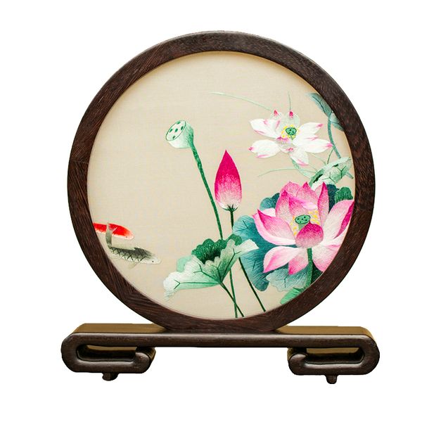 Tabela de bordado de frente e verso artesanal ornamentos estilo chinês pintura de seda artesanato presentes decoração casa escritório escritório acessórios com quadro wenge