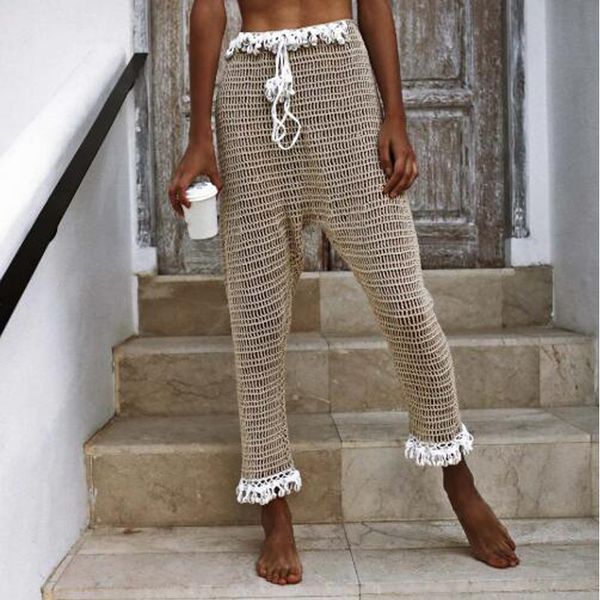 

Bikini Cover Up Beach Bathing Suit 2021 Outings for Women Summer Clothes New Mesh Leisure Pants Female Sexy Hollow Shell Br2e, Black;gray
