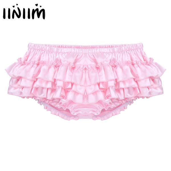 Sissy Etekli Eşcinsel Külot Erkek Lingerie Gece Parlak Saten Ruffled Bloomer Katmanlı Seksi Külot Bikini Iç Çamaşırı Külot 210730