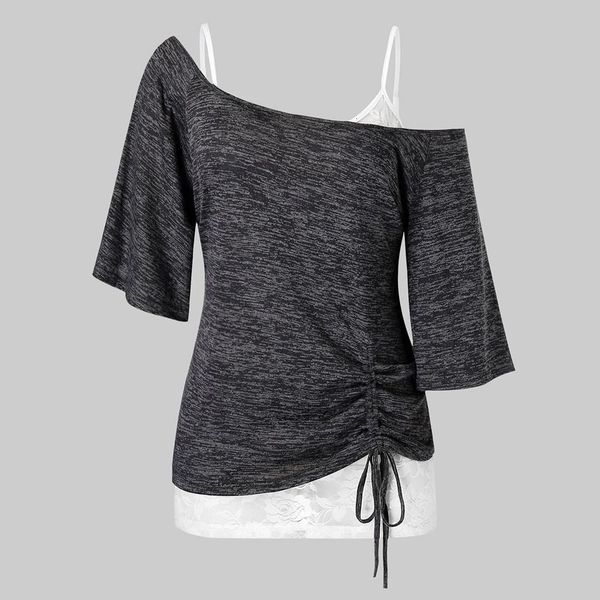 

women ladies shirt solid plus size half sleeve lace two piece drawstring blouse pullover blusas femininas clothing, White