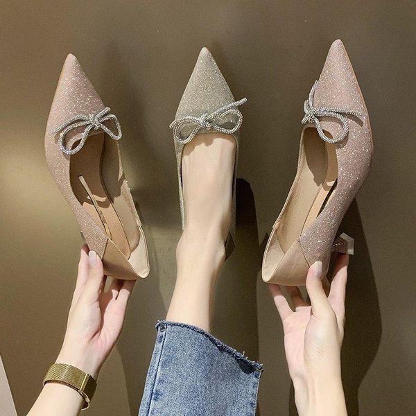 

dress shoes shiny sequin pointed toe high heels women fashion bow narrow band pumps glitter shallow single green pink, Black