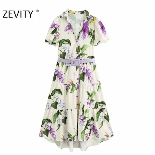 

zevity women autumn flower print sashes shirt dress female lantern sleeve pleat irregular hem vestido chic casual dresses ds4246 210303, Black;gray