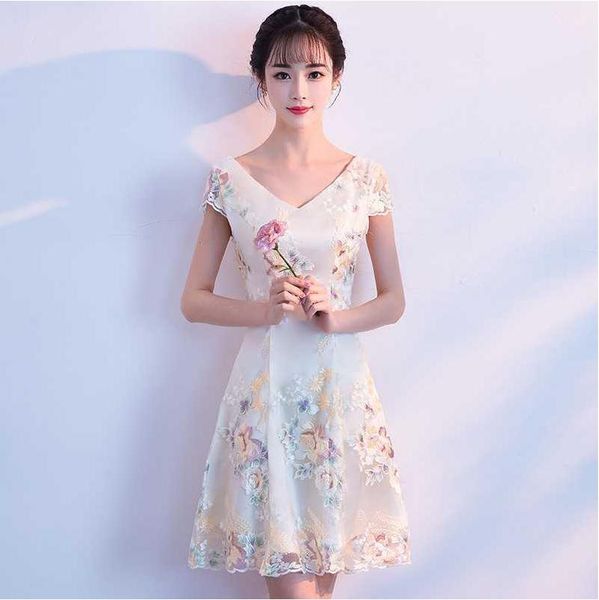 

ethnic clothing v-neck short sleeve lady cheongsam skirt elegant a-line qipao dress bride wedding party gown embroidery floral satin, Red