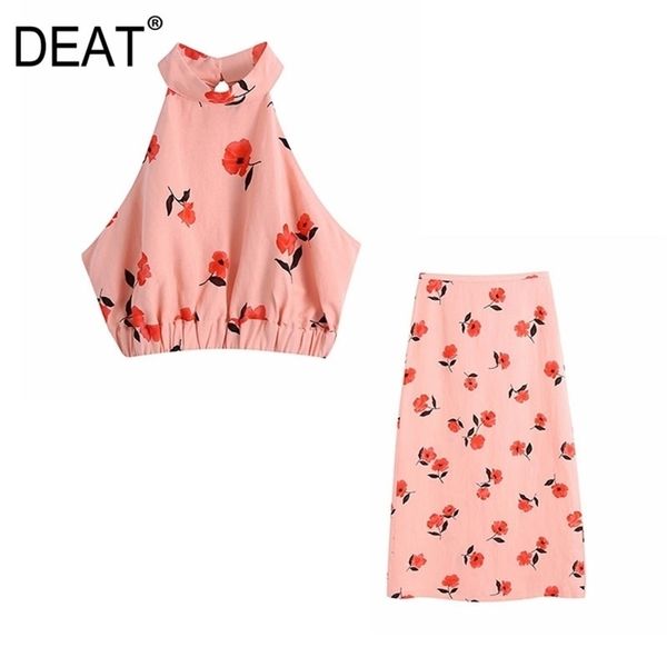 

[deat] summer fashion sleeveless hanging neck printing a-line skirts elegant women two-piece suit 13q373 210527, White