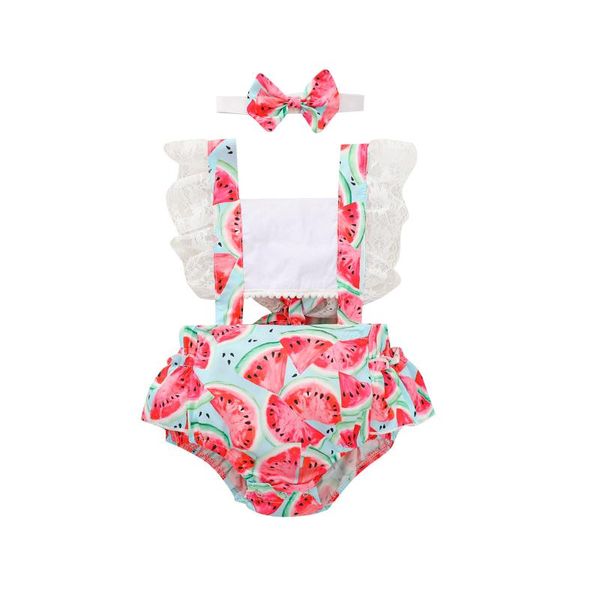 

clothing sets born baby girl summer clothes lace ruffles sleeveless bodysuit with headband 2pcs cute watermelon print outfit 0-2y, White