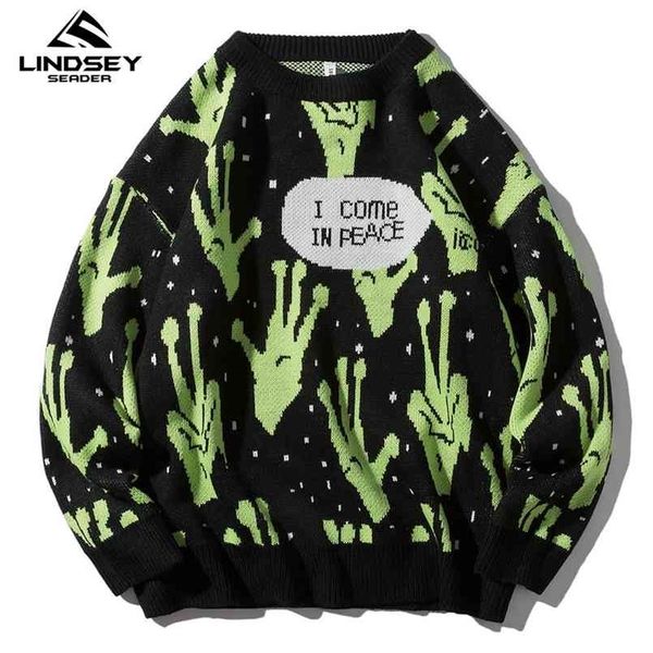

lindsey seader sweater men jumpers knitted harajuku alien hip hop streetwear knitwear clothing pullover oversize sweaters 210813, White;black