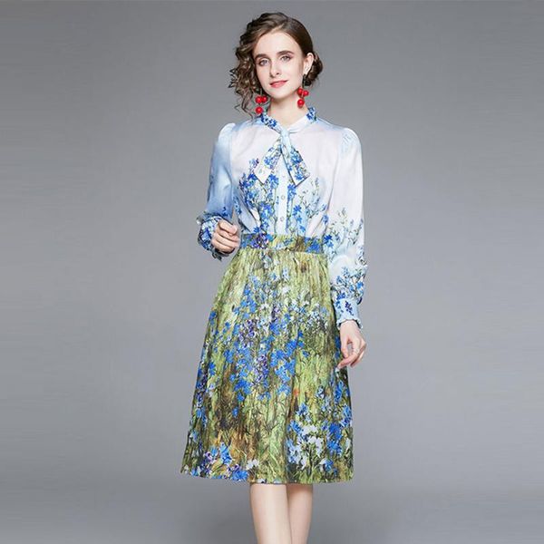 

casual dresses autumn spring femme boho flower print dress single-breasted bow neck lantern sleeve midi robe 2021 runway design vestido s619, Black;gray