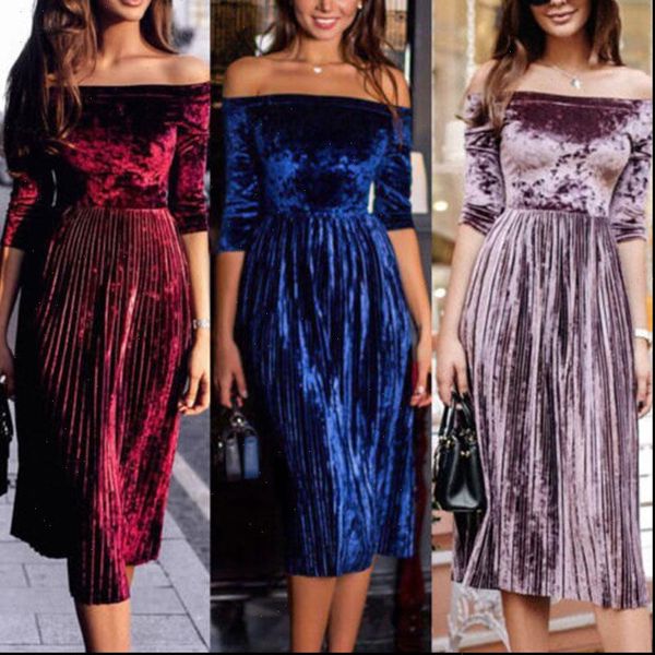 

womens velvet dresses off shoulder casual mid sleeve evening party long dresses womens clothes drop shipping good quality, Black;gray