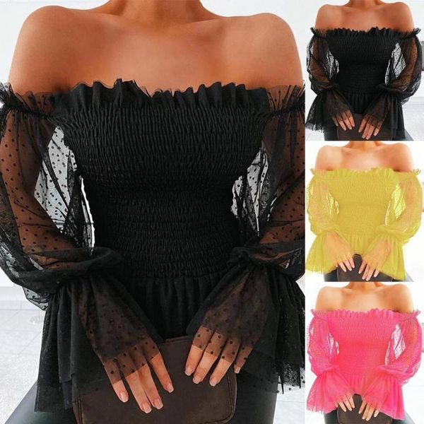 

women's blouses & shirts net yarn sleeve ruffle edge lantern long women streetwear, White