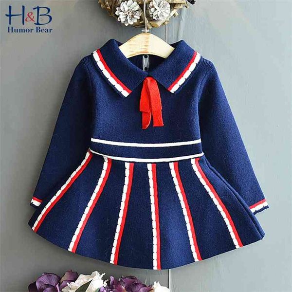 Mädchen Pullover Kleid Herbst College Wind Gestreiftes Revers Plissee Frühling und Kinder Prinzessin Bottoming 210611