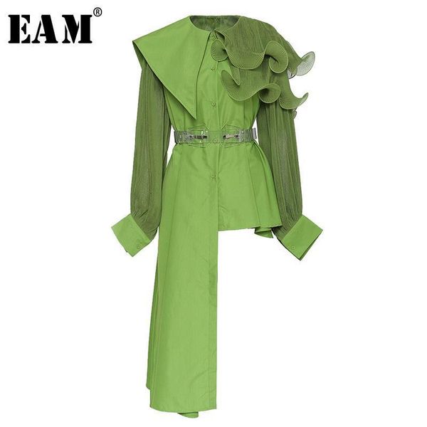 

eam] women ruffles pleated irregular big size blouse new lapel long sleeve loose fit shirt spring summer 2021 1u856, White