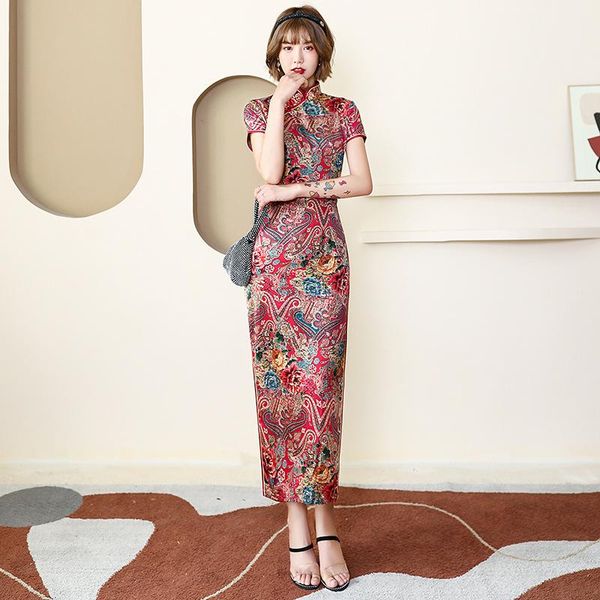 

ethnic clothing long cheongsam slim slik vintage dress chinese traditional costumes summer dresses 4xl 8 colors, Red