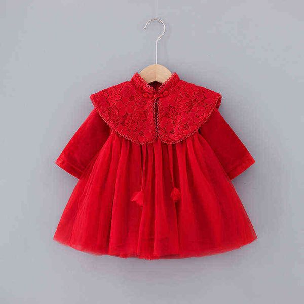 Winter Baby Mädchen Süße Spitze Langarm Cappa A-linie Kleid Warme Rot Neue Jahr Fee Prinzessin Kleid Kinder baby mädchen tücher G1129