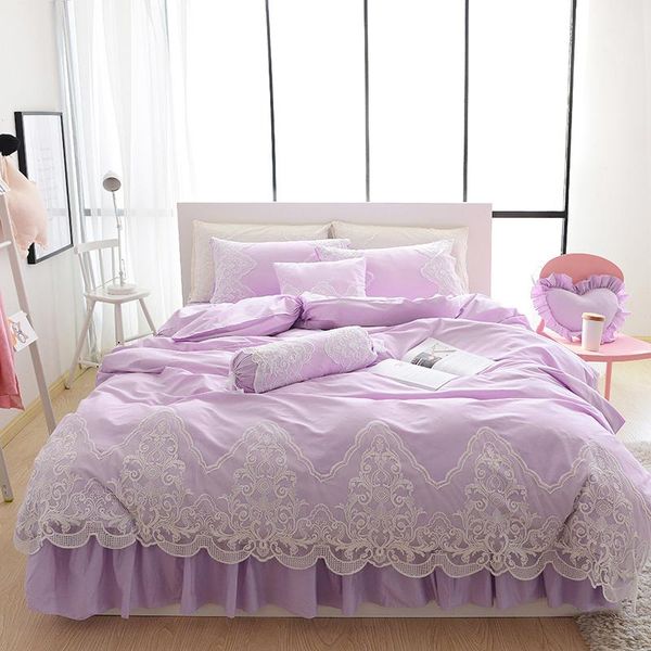 

purple jacquard duvet cover set princess lace bedding sets luxury 4pcs girls wedding bedspreads bed skirt cotton home textile