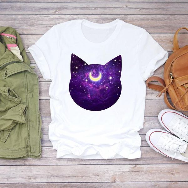 

women cat space face short sleeve funny fashion clothing summer shirt t-shirts t graphic female ladies womens tee t-shirt, White