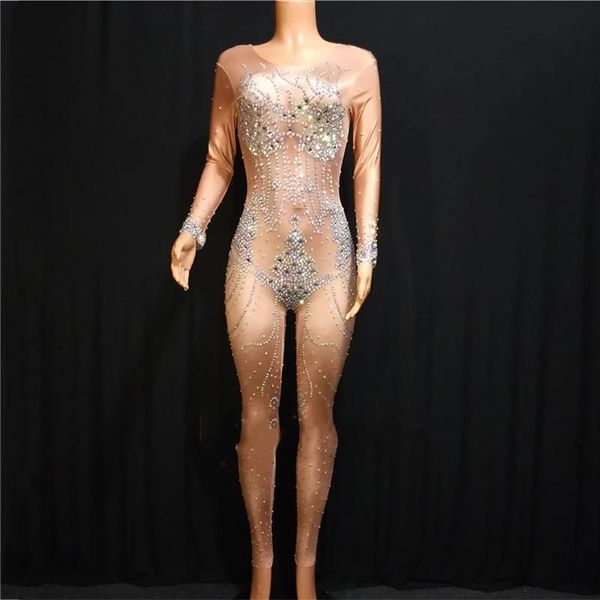 

party decoration sparkly rhinestones skin color skinny jumpsuit nightclub dj singer elastic leotard stage wear evening bodysuit dt55