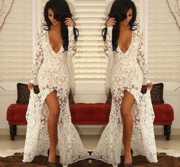 

2021 white lace deep v neck prom dresses long sleeve front split evening gowns see through mermaid women formal party dresses, Black;red