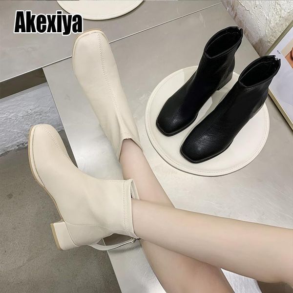 

boots ankle women shoes high heel fashion ladies square toe heels zip short autumn winter beige w1201, Black