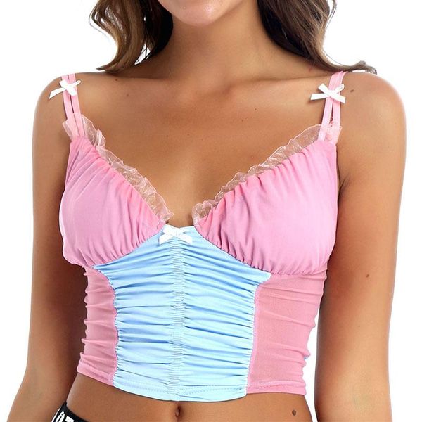 

women's tanks & camis e girl lace y2k crop women summer mesh patchwork v neck vest kawaii camisole cottagecore aesthetic clothes co, White