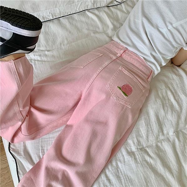 

women's jeans harajuku women cute pink peach embroidered straight y2k for sweet girl plus size pants kawaii clothes oversized, Blue