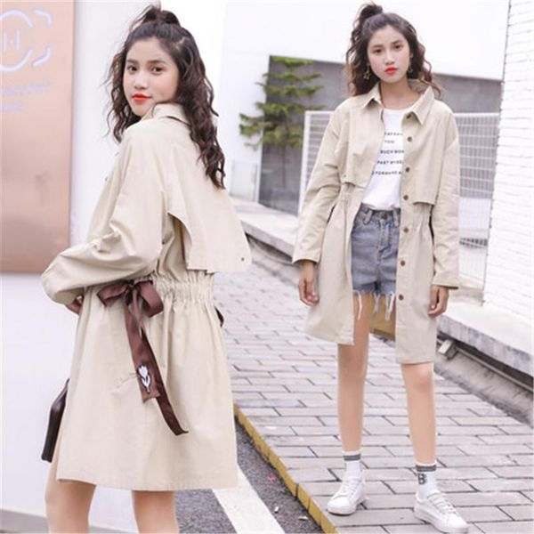 

women's trench coats 2021 casual windbreaker female long section korean spring autumn chic loose waist tie thin coat for women x835, Tan;black