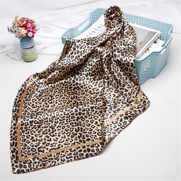 

scarves women leopard printed square silk 90*90cm ladies elegant multifunction hair tie headwear satin hijab scarf, Blue;gray