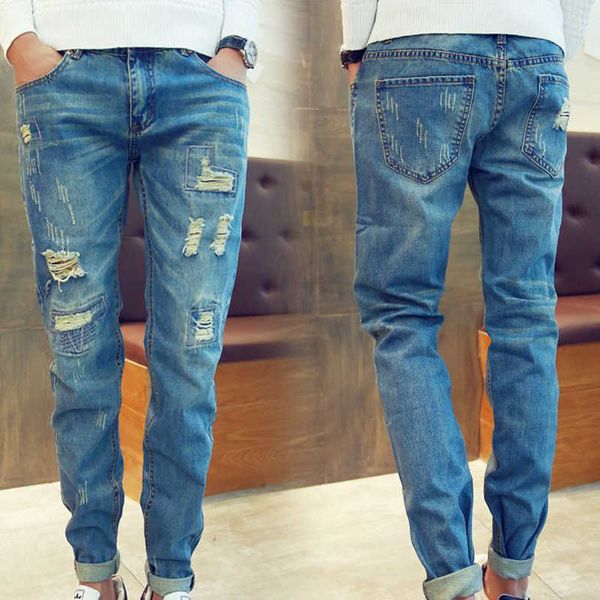 

2021 fashion ripped hole tailor light blue jeans pants men baggy harem jeans teenagers denim cowboys trousers x0621