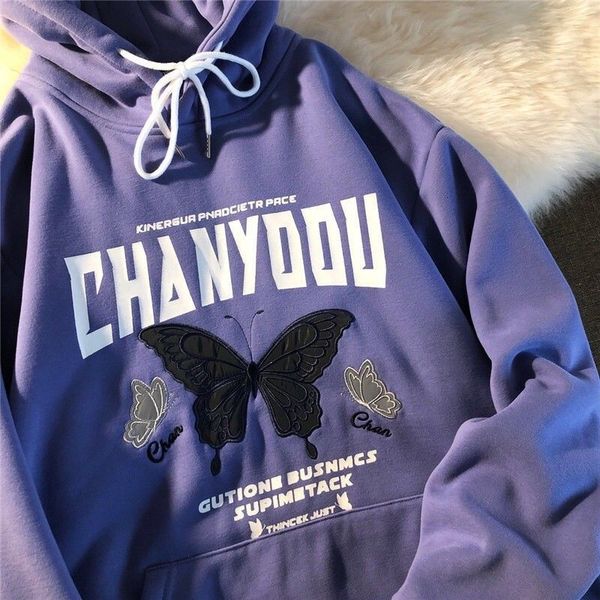 

2021 letters butterfly vintage brand hoodie oversized sweatshirt for teens girls women winter thick harajuku new fashion korean qmlh, Black