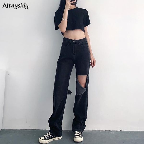 

women's jeans women high waist straight denim clothing hole streetwear korean harajuku style trendy casual vintage zipper female pocket, Blue