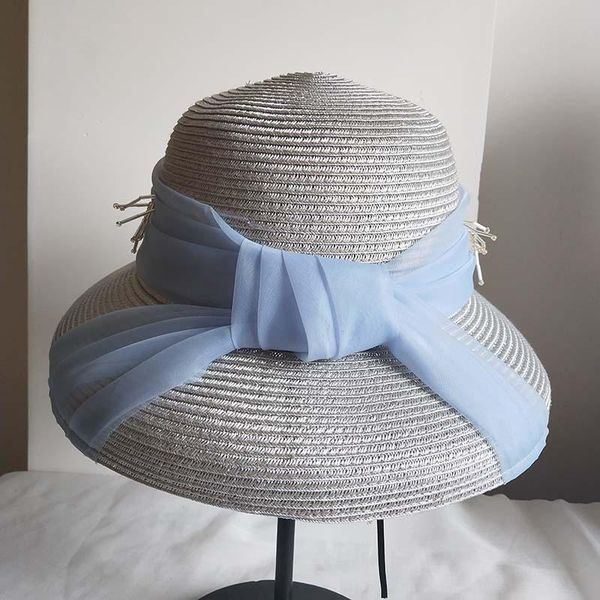 

wide brim hats 202105-xushen summer pp grass pearl luster nail bead elegant hepburn style lady sun cap women leisure holiday hat, Blue;gray