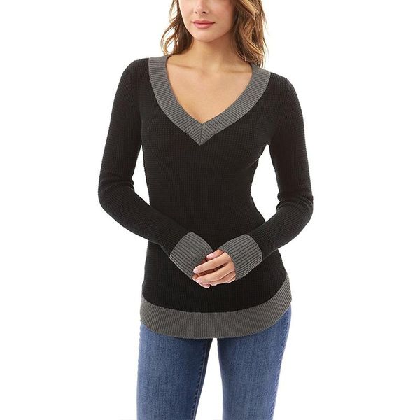 

women's sweaters 2021 fashion sweater in pullovers women v neck long sleeve casual curve hem, White;black