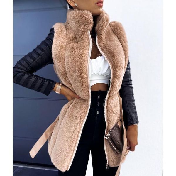 

women's fur & faux fashion stand collar collected waisted coats women elegant patchwork jackets zipper winter ladies, Black