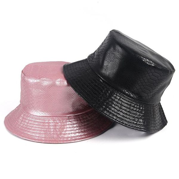 

women reversible pu crocodile bucket hat girls 2021 new cotton twill beige black pink leather snake fisherman hat, Blue;gray