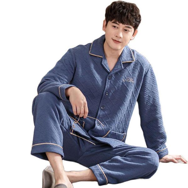 

men's sleepwear winter thick warm men air cotton pajamas long +long pants two pieces set mens plus size -4xl male nightwear, Black;brown