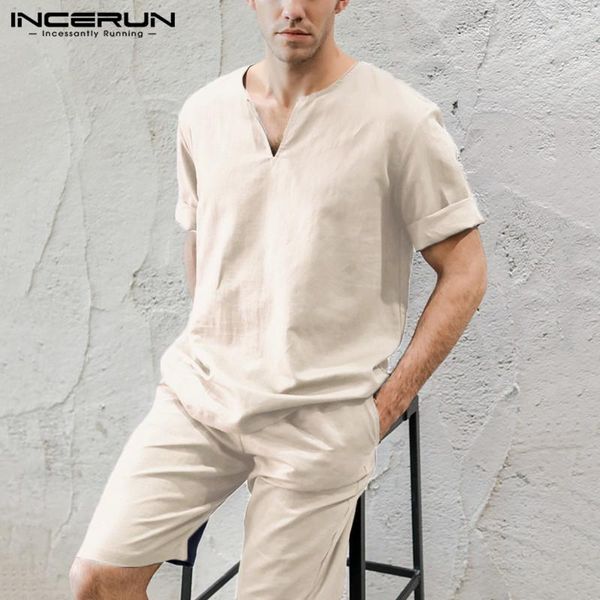 

incerun fashion men solid color short sleeve casual pajamas sets comfort cotton homewear baggy daily soft mens lounge sleepwear, Black;brown